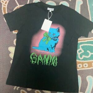 Ganni Black Blue Kitten Graphic T-shirt | NWT punk cute streetwear size Small